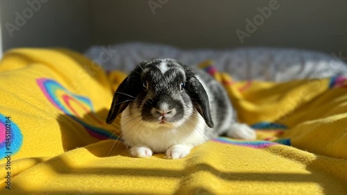 Black and white rabbit on a yellow blanket