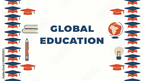Global education concept with graduation caps, books, pencil, globe, and light bulb, symbolizing learning and knowledge