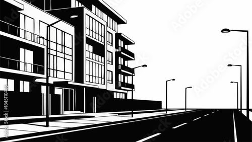 Modern Building Facade with Street Lights and Road.