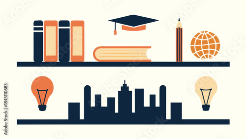 Education cityscape with books graduation cap pencil globe light bulbs on shelf