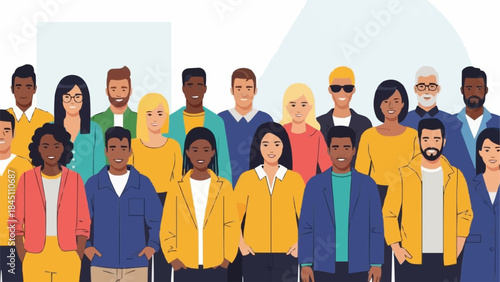 Diverse group of people standing together in a modern setting.