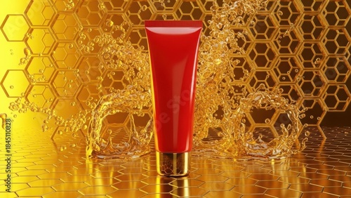 Vibrant red tube with golden honeycomb background
