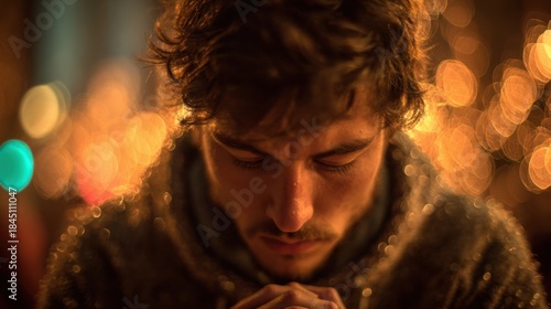 Man Praying in Front of Cross with Bokeh Lights