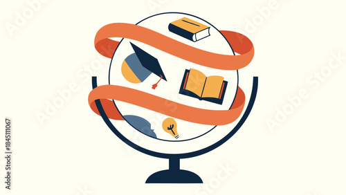 Globular educational concept with graduation cap, books, and lightbulb on a stand, symbolizing global learning and knowledge