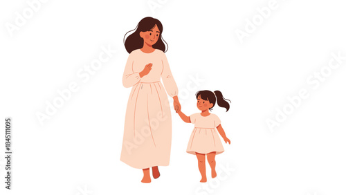 A woman and a little girl walking hand in hand on a Happy Mother's Day with a joyful mood and soft, pastel color palette against a clean white background.