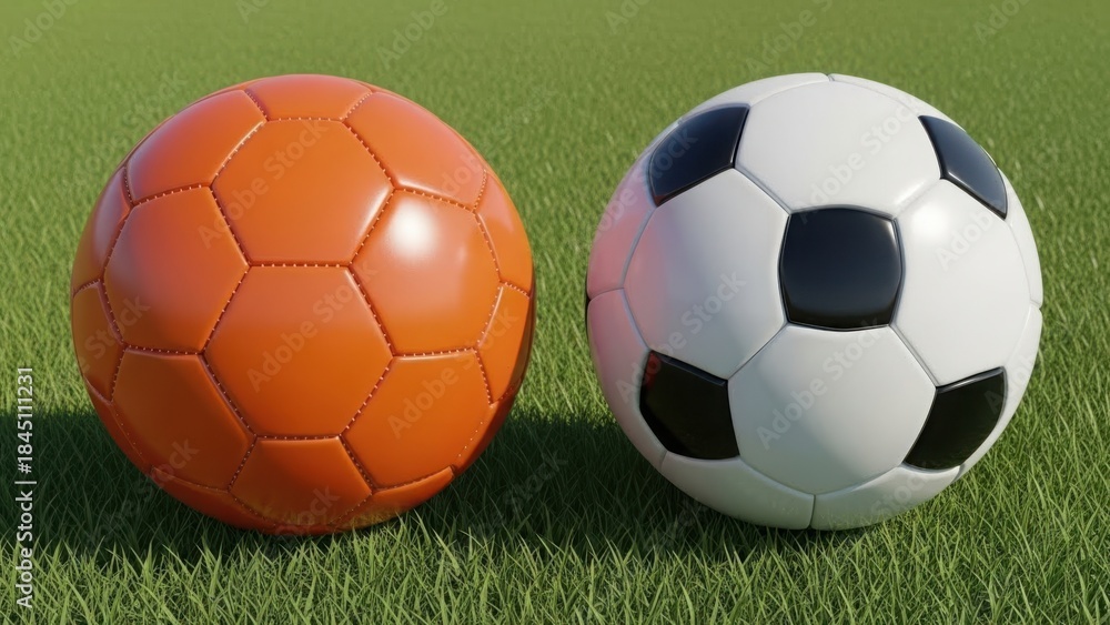 Fototapeta premium Two soccer balls on grass