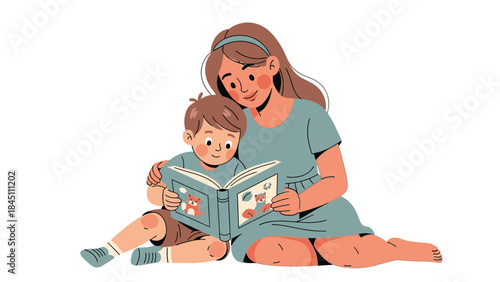 A woman and a young boy sitting together reading a book on a plain white background, conveying a happy mother day moment with a warm and intimate mood.