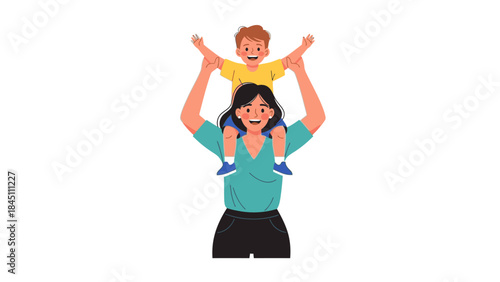 A cheerful woman holding a happy child on her shoulders with arms raised in a joyful and playful outdoor setting on Happy Mother's Day.