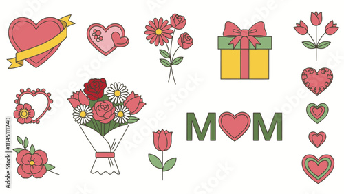 A colorful flat lay of various Mother's Day icons and gifts, including flowers, hearts, and presents, against a clean white background with a joyful and celebratory mood.