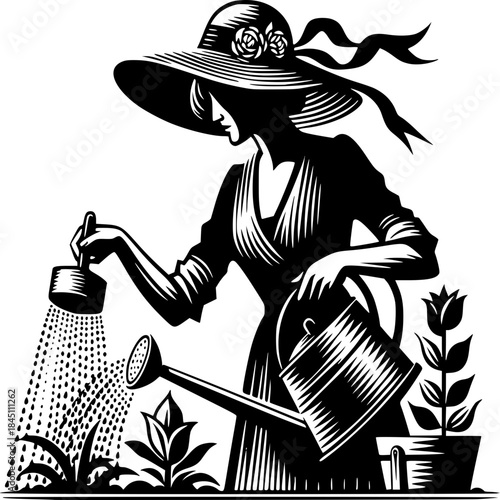 Garden's Tender Embrace: An elegant silhouette of a woman in a sun hat, engrossed in the nurturing act of watering her garden, showcasing the serenity of cultivating life and beauty.