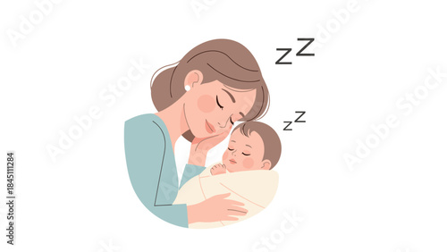 A tender mother gently sleeps with her baby in her arms, both with zzz above their heads, against a clean white background with a soft, serene mood.