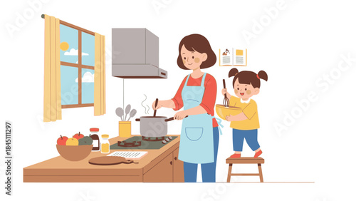 A mother cooks with her little daughter in a kitchen on a happy mother day with warm tones and a joyful mood.