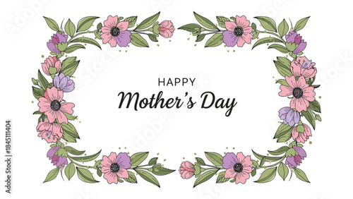 A floral wreath with pink, purple, and green leaves surrounds 'Happy Mother's Day' text on a white background in a flat lay composition with pastel colors.