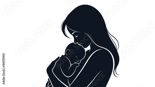Silhouette of a woman holding a baby close to her chest on a white background, conveying a loving and tender moment on Mother's Day.