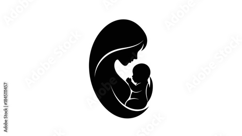 A minimalist black silhouette of a mother embracing her child on a white background, conveying a sense of love and warmth on Happy Mother's Day.