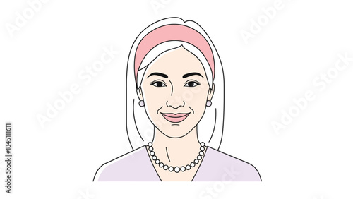 A smiling middle-aged woman wearing a pink headband and a chain necklace against a clean white background, Happy mother day.