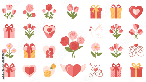 Flat lay of various Valentine's Day icons including hearts, flowers, and gifts on a clean white background with a festive and loving mood.