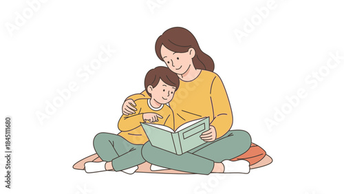 A mother and her child sitting cross-legged on the floor, reading a book together on a Happy Mother's Day, with a warm and cozy atmosphere, against a clean white background.