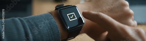 A person interacts with a smartwatch displaying a checkmark, task completion or notification, HR Year-End Review