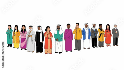 Diverse group of people in traditional clothing standing together.
