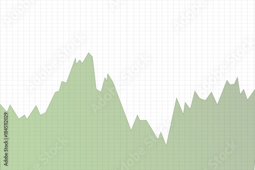 Financial area chart in pale green, representing market performance over time.The shaded area highlights price movement and volume on a white grid background, use for reports on stock, economic chart.