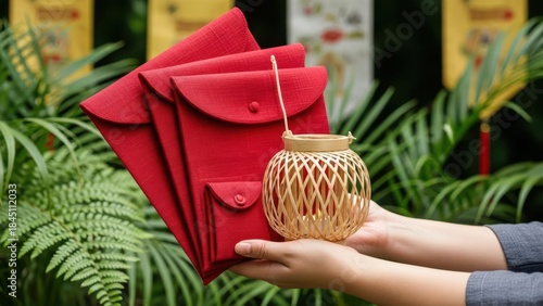 Hands holding red envelopes and a woven basket outdoors in a garden