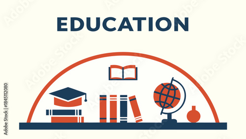 Education concept with graduation cap, books, globe, and academic symbols on shelf, representing learning and knowledge