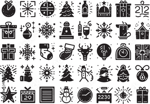 Set of black line icons related to new year celebration on light grey background