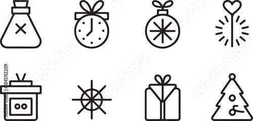 Set of black line icons related to new year celebration on light grey background