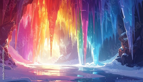 Magical ice cave with vibrant colorful icicles in a snowy winter landscape