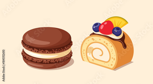 Two delicious desserts sit side by side a chocolate macaron and a vanilla cream filled swiss roll topped with fruit slices and a glossy chocolate glaze.