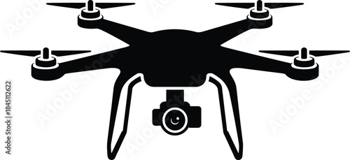 Black Silhouette of a Quadcopter Drone with Camera on White Background Keywords: drone, quadcopter, aerial, photography, camera