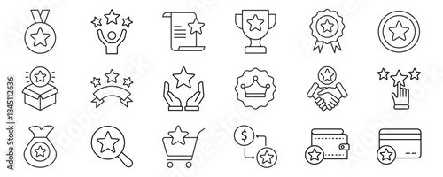Benefit line icon set. Containing Reward, bonus, loyalty, star, winner, award, employees, and more. Editable stroke. Vector illustration