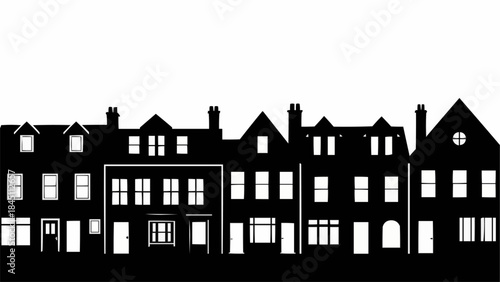 Row of Terraced Houses Silhouette Black and White.