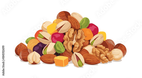 Colorful pile of mixed nuts including almonds cashews pistachios walnuts hazelnuts brazil nuts and macadamias arranged together in a decorative snack assortment.