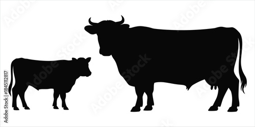 Black Silhouettes of a Cow and a Calf on White Background cattle animal