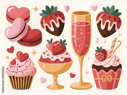 Heart-shaped macarons, chocolate covered strawberries, and other sweet treats for a perfect valentine's day