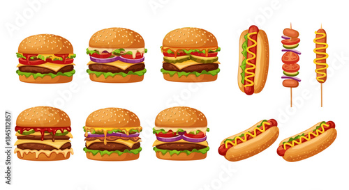 Assorted fast food items including several burgers on sesame buns and a variety of hot dogs and skewers arranged neatly on a white background for a display.