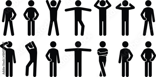 Black Stick Figure Poses Showing Various Actions and Gestures silhouette icon