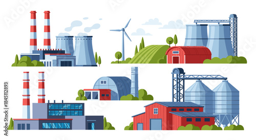 Industrial landscape showing factories smokestacks wind turbines silos red barns and hills depicting energy production and agricultural facilities in harmony.