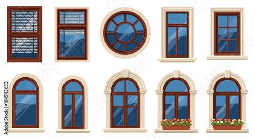 Collection of decorative wooden window designs featuring round arch and rectangular frames with grid panes and blue glass for architectural inspiration.
