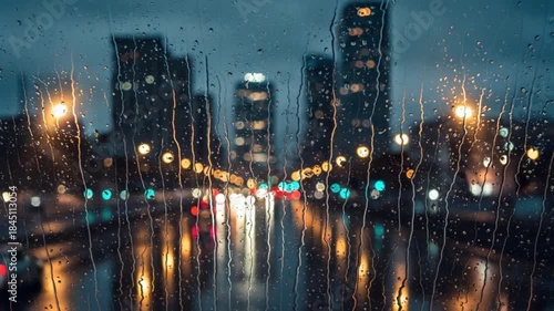 Rainy night cityscape viewed through a window