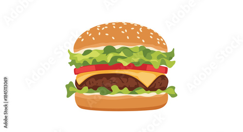 Colorful illustrated hamburger with sesame bun lettuce tomato cheese beef patty and tangy sauce stacked high on a soft bun.