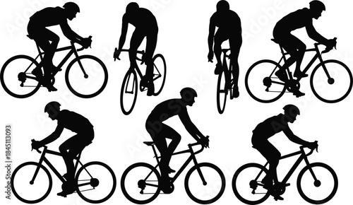 Collection of Cyclist Silhouettes in Various Poses on White Background Keywords: cycling, cyclist, bicycle, sport, silhouette