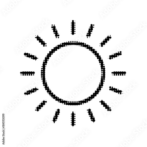 Halftone sun icon made of dots. Minimal weather symbol in black and white, modern abstract illustration for forecast, climate, summer, energy, UI, web, and print design.