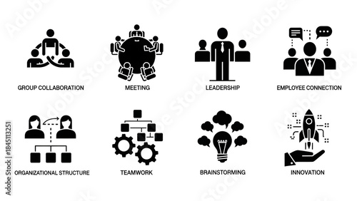Set of vector icons representing business concepts like teamwork, collaboration, and innovation in an office environment