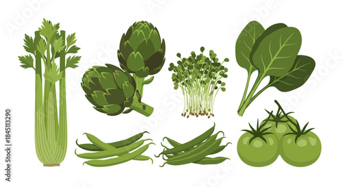 Assortment of fresh green vegetables including celery artichokes spinach green beans and green tomatoes arranged in a vibrant produce display.