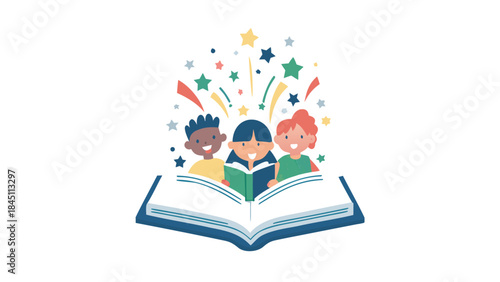 Three diverse children reading a book with colorful stars and confetti exploding from the pages in a joyful educational scene