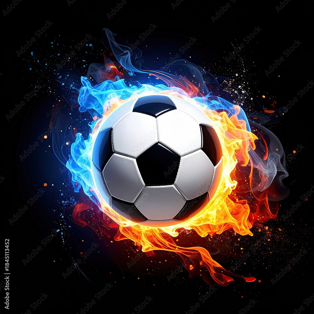 Naklejka premium Soccer ball engulfed in vibrant blue and orange flames against a black background