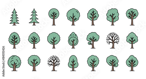 Collection of simple illustrated trees including evergreens and deciduous varieties arranged in a neat grid for a nature themed scene.